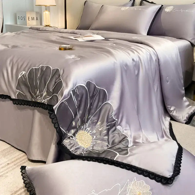 DecorBites™ Luxe Flower Embroidered Cool Quilt Set - Lightweight, Silky, High-End Comfort