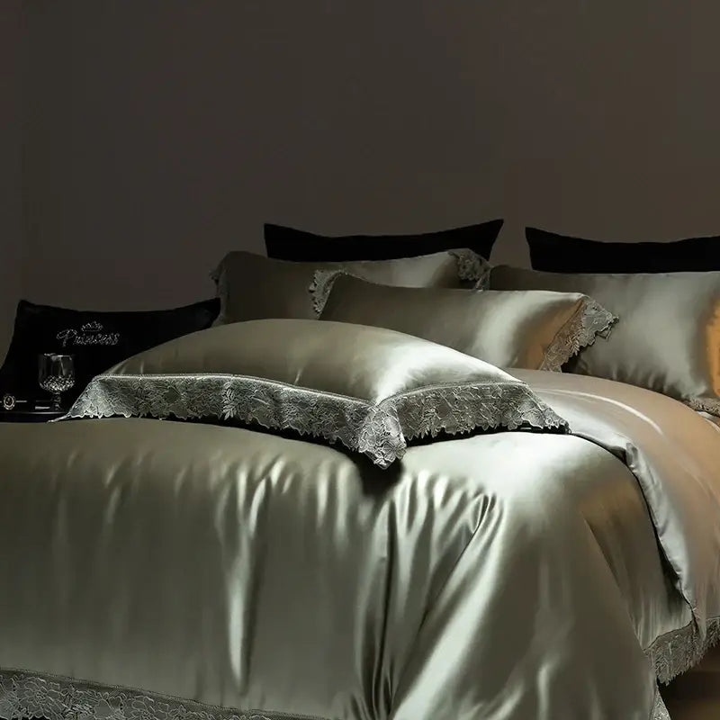 DecorBites™ Luxe French Lace Edge Bedding Set: Silky Lyocell Cotton Duvet Cover, Sheet & Pillowcases