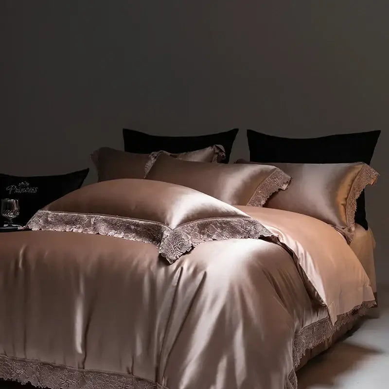DecorBites™ Luxe French Lace Edge Bedding Set: Silky Lyocell Cotton Duvet Cover, Sheet & Pillowcases