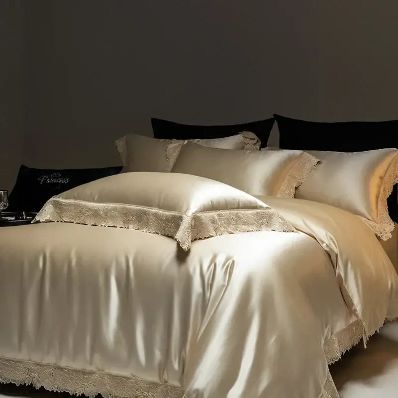 DecorBites™ Luxe French Lace Edge Bedding Set: Silky Lyocell Cotton Duvet Cover, Sheet & Pillowcases