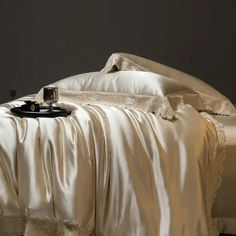 DecorBites™ Luxe French Lace Edge Bedding Set: Silky Lyocell Cotton Duvet Cover, Sheet & Pillowcases
