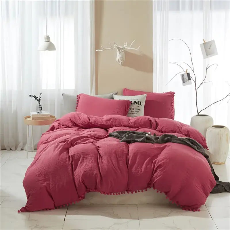 DecorBites™ Luxe Furball Tasseled Yellow Bedding Set Queen/King Size Duvet Cover & Soft Bed Cover Sets