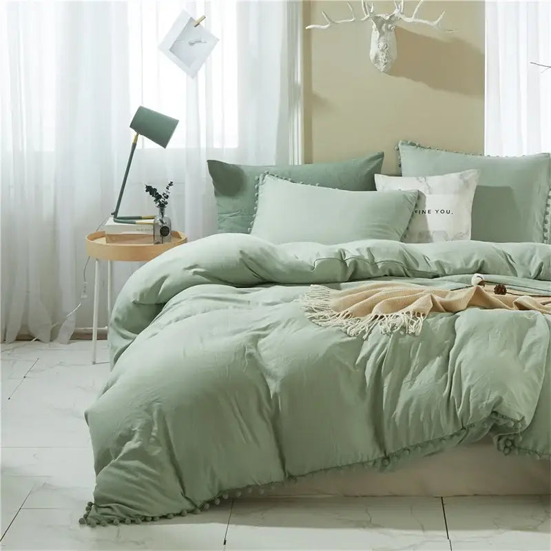 DecorBites™ Luxe Furball Tasseled Yellow Bedding Set Queen/King Size Duvet Cover & Soft Bed Cover Sets