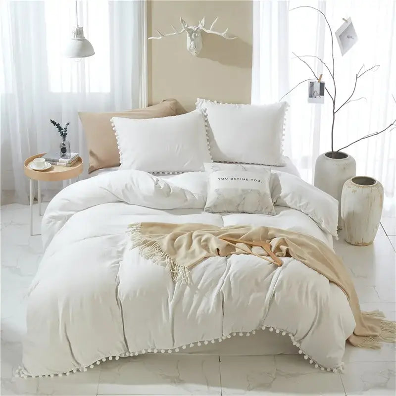 DecorBites™ Luxe Furball Tasseled Yellow Bedding Set Queen/King Size Duvet Cover & Soft Bed Cover Sets