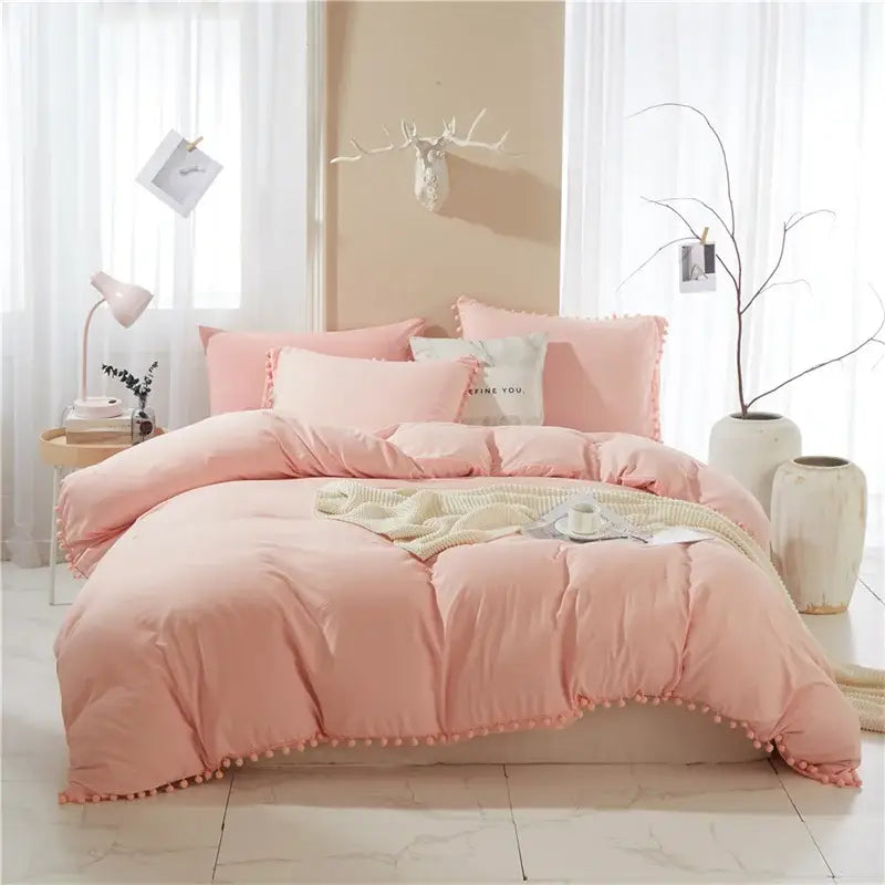 DecorBites™ Luxe Furball Tasseled Yellow Bedding Set Queen/King Size Duvet Cover & Soft Bed Cover Sets