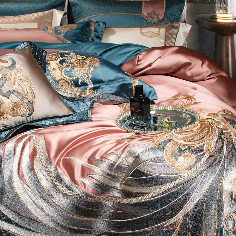 DecorBites™ Luxe Gold Embroidery Palace Style Bedding Set - Duvet, Sheet, Pillowcases