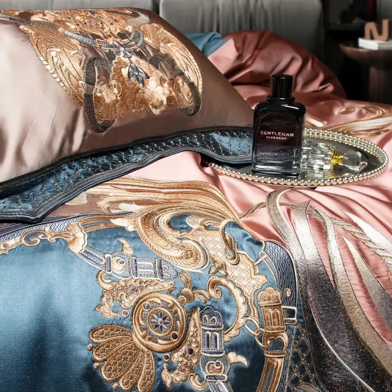 DecorBites™ Luxe Gold Embroidery Palace Style Bedding Set - Duvet, Sheet, Pillowcases