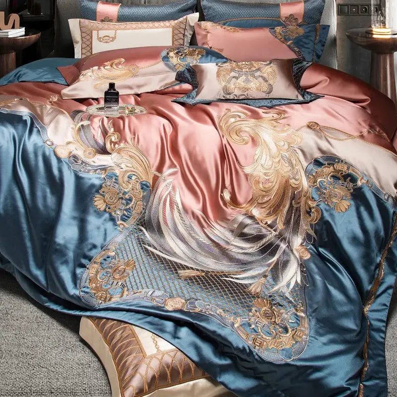 DecorBites™ Luxe Gold Embroidery Palace Style Bedding Set - Duvet, Sheet, Pillowcases