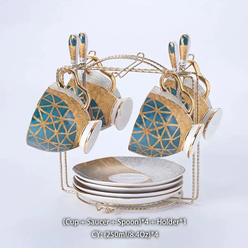 طقم قهوة من البورسلين "DecorBites™ Luxe Gold Inlay": إبريق شاي، فنجان، وعاء سكر، وعاء كريمة، كوب