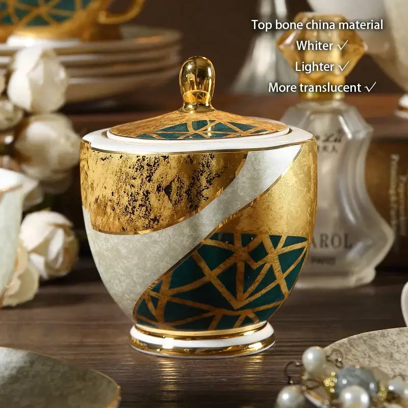 طقم قهوة من البورسلين "DecorBites™ Luxe Gold Inlay": إبريق شاي، فنجان، وعاء سكر، وعاء كريمة، كوب
