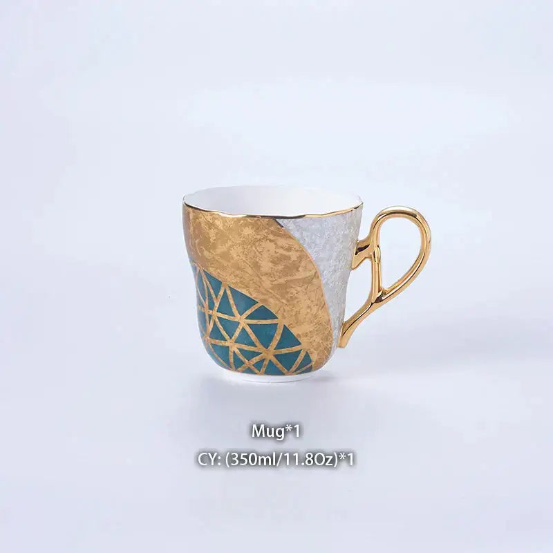 طقم قهوة من البورسلين "DecorBites™ Luxe Gold Inlay": إبريق شاي، فنجان، وعاء سكر، وعاء كريمة، كوب