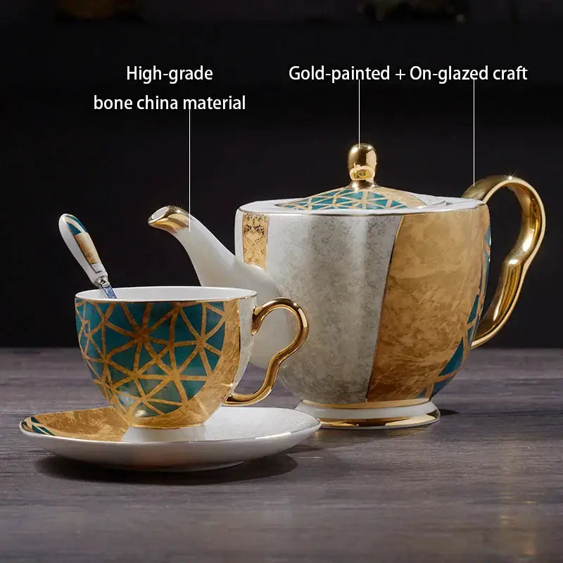 طقم قهوة من البورسلين "DecorBites™ Luxe Gold Inlay": إبريق شاي، فنجان، وعاء سكر، وعاء كريمة، كوب