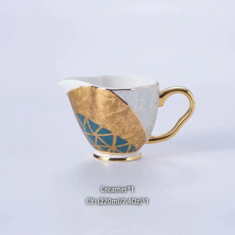 طقم قهوة من البورسلين "DecorBites™ Luxe Gold Inlay": إبريق شاي، فنجان، وعاء سكر، وعاء كريمة، كوب