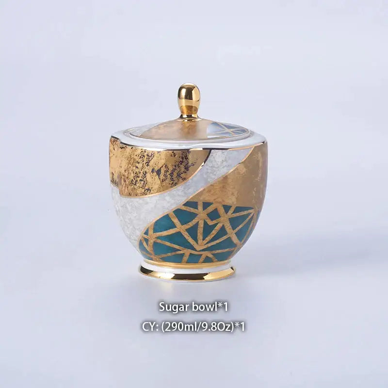 طقم قهوة من البورسلين "DecorBites™ Luxe Gold Inlay": إبريق شاي، فنجان، وعاء سكر، وعاء كريمة، كوب