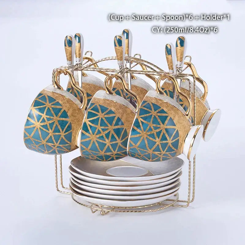 طقم قهوة من البورسلين "DecorBites™ Luxe Gold Inlay": إبريق شاي، فنجان، وعاء سكر، وعاء كريمة، كوب