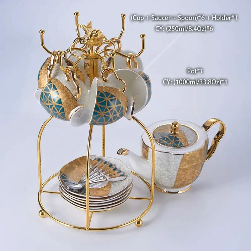طقم قهوة من البورسلين "DecorBites™ Luxe Gold Inlay": إبريق شاي، فنجان، وعاء سكر، وعاء كريمة، كوب