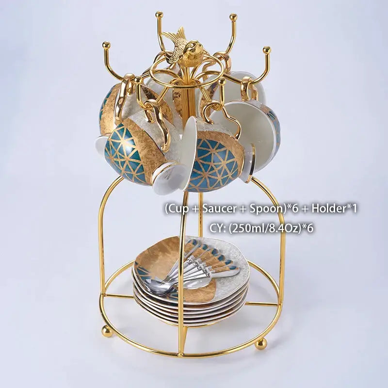 طقم قهوة من البورسلين "DecorBites™ Luxe Gold Inlay": إبريق شاي، فنجان، وعاء سكر، وعاء كريمة، كوب