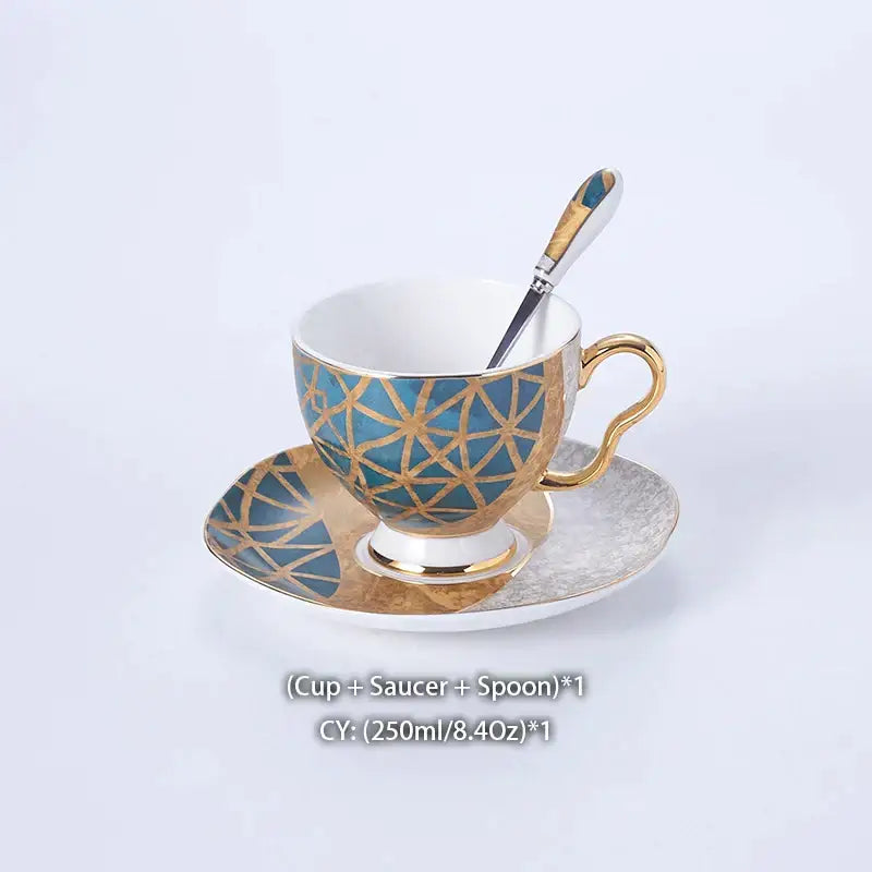 طقم قهوة من البورسلين "DecorBites™ Luxe Gold Inlay": إبريق شاي، فنجان، وعاء سكر، وعاء كريمة، كوب