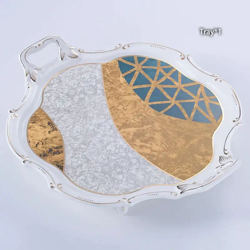 طقم قهوة من البورسلين "DecorBites™ Luxe Gold Inlay": إبريق شاي، فنجان، وعاء سكر، وعاء كريمة، كوب