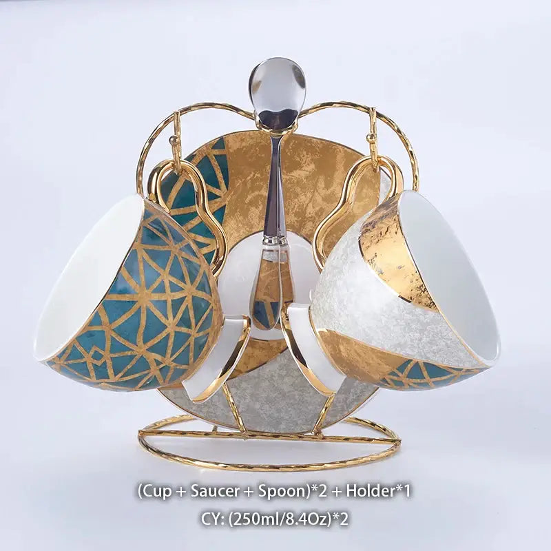 طقم قهوة من البورسلين "DecorBites™ Luxe Gold Inlay": إبريق شاي، فنجان، وعاء سكر، وعاء كريمة، كوب