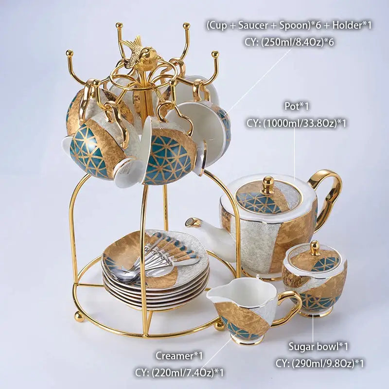 طقم قهوة من البورسلين "DecorBites™ Luxe Gold Inlay": إبريق شاي، فنجان، وعاء سكر، وعاء كريمة، كوب