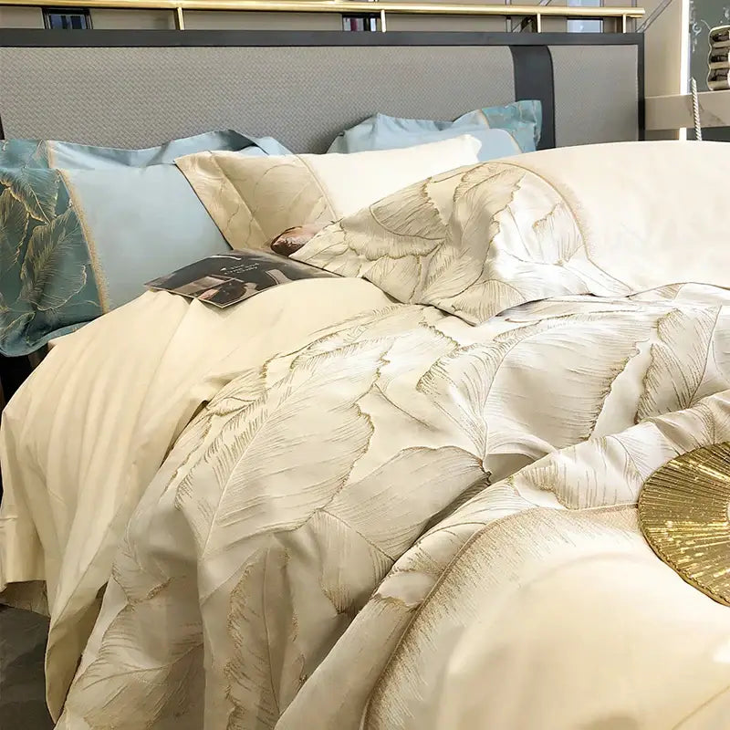 DecorBites™ Luxe Gold Leaves Satin Jacquard Embroidery 1000TC Egyptian Cotton Bedding Set