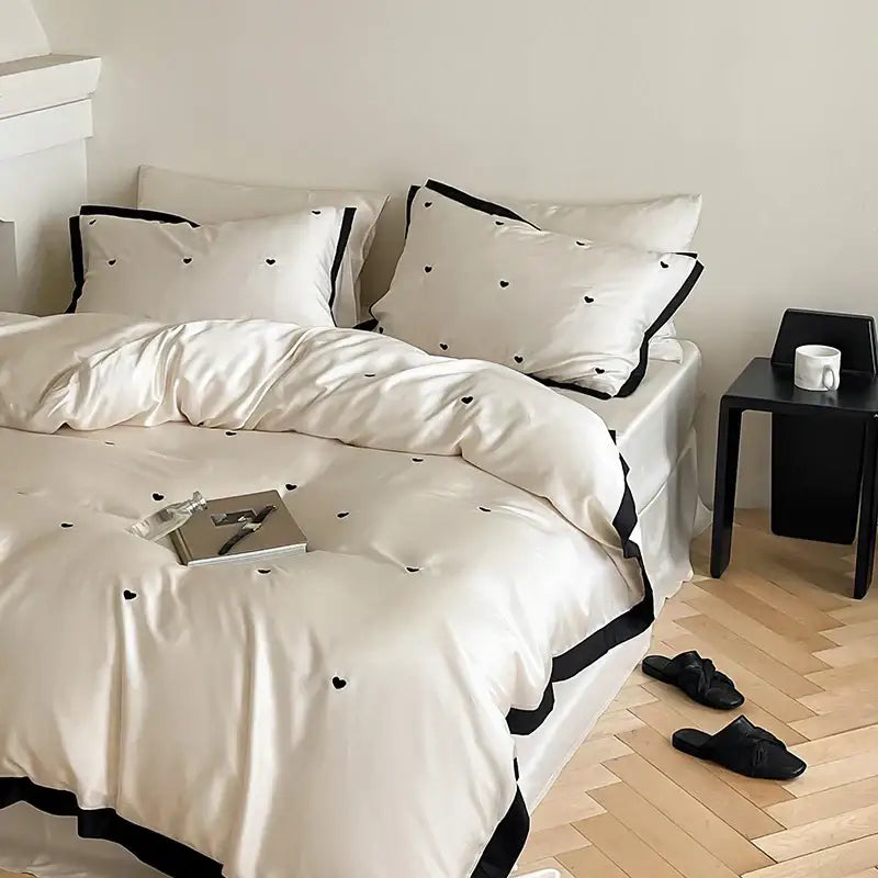 DecorBites™ Luxe Heart Embroidered Bedding Set: 100% Lyocell Duvet Cover Set with Sheets