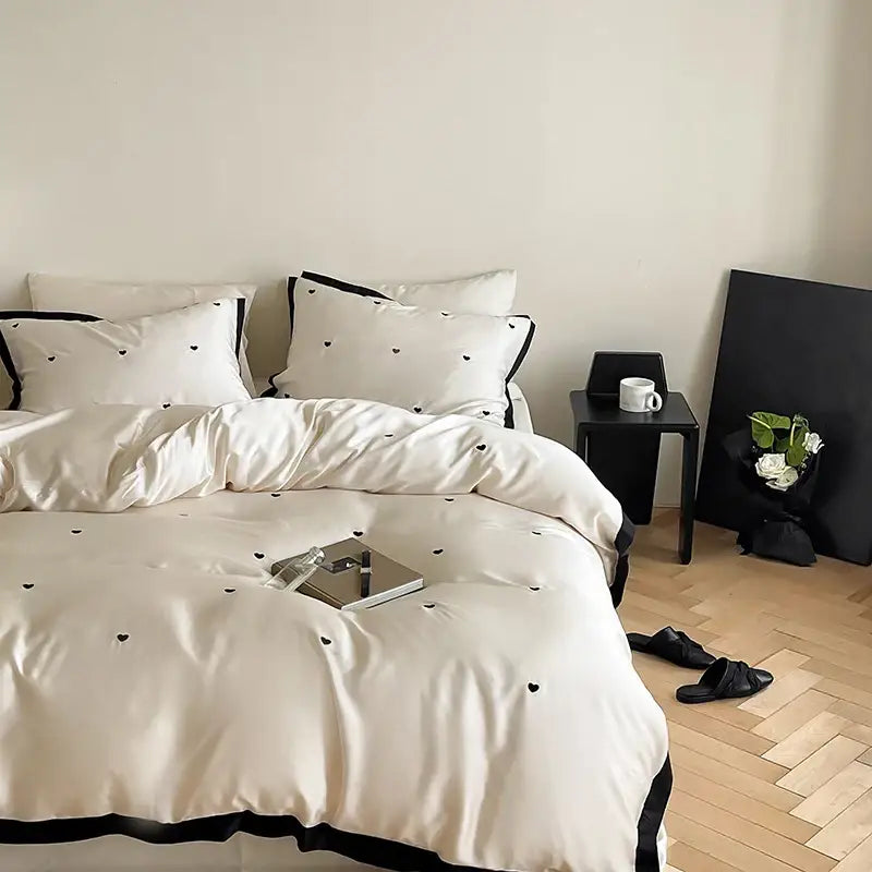 DecorBites™ Luxe Heart Embroidered Bedding Set: 100% Lyocell Duvet Cover Set with Sheets