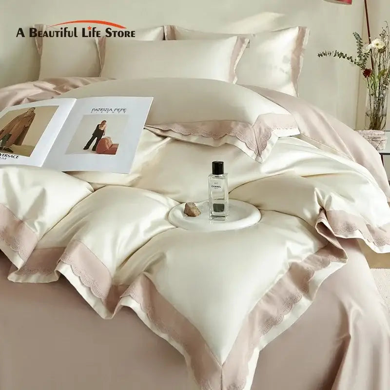 طقم مفروشات دانتيل لوكس DecorBites™: غطاء لحاف وملاءة ووسائد من قطن مصري 1000TC