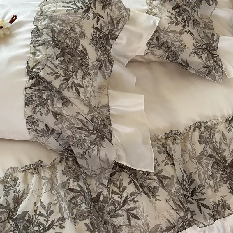 DecorBites™ Luxe Lace Ruffles Wedding Bedding Set: Duvet Cover, Bed Sheet, 2 Pillowcases