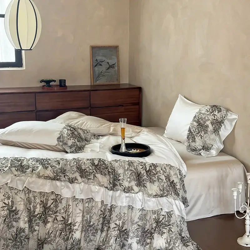 DecorBites™ Luxe Lace Ruffles Wedding Bedding Set: Duvet Cover, Bed Sheet, 2 Pillowcases