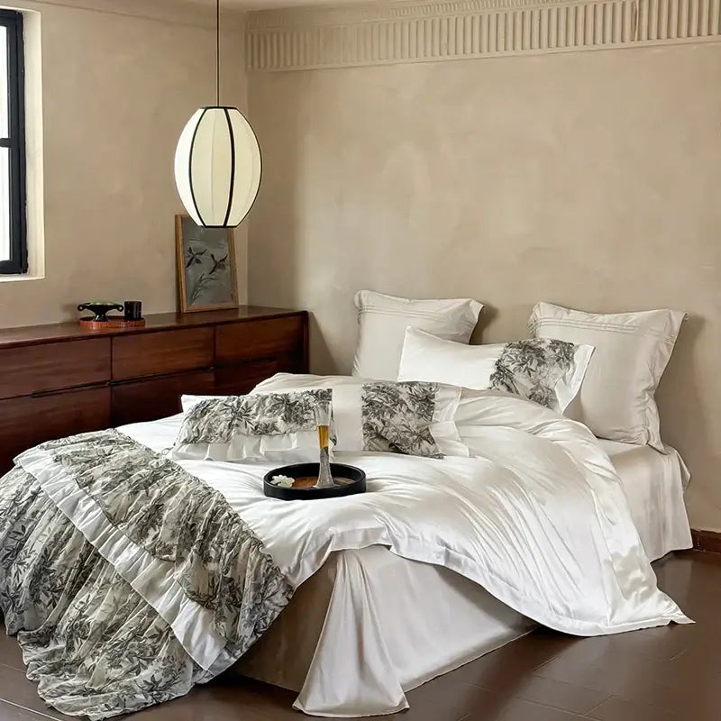 DecorBites™ Luxe Lace Ruffles Wedding Bedding Set: Duvet Cover, Bed Sheet, 2 Pillowcases