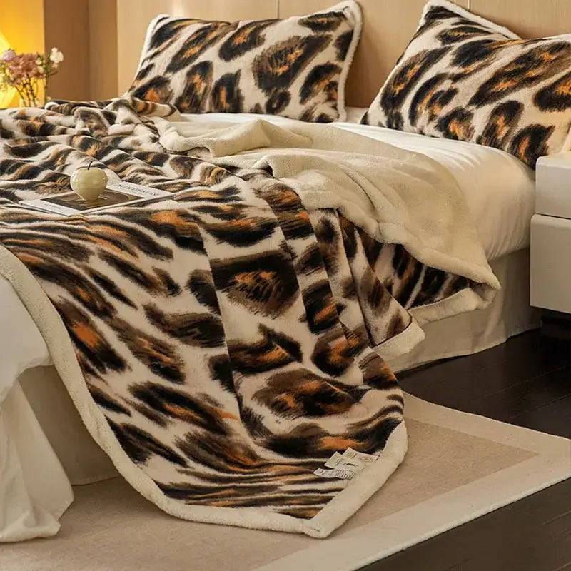 DecorBites™ Luxe Leopard Rabbit Fur Blanket: Cozy Office & Sofa Throw, Skin-Friendly & Multi-Functional