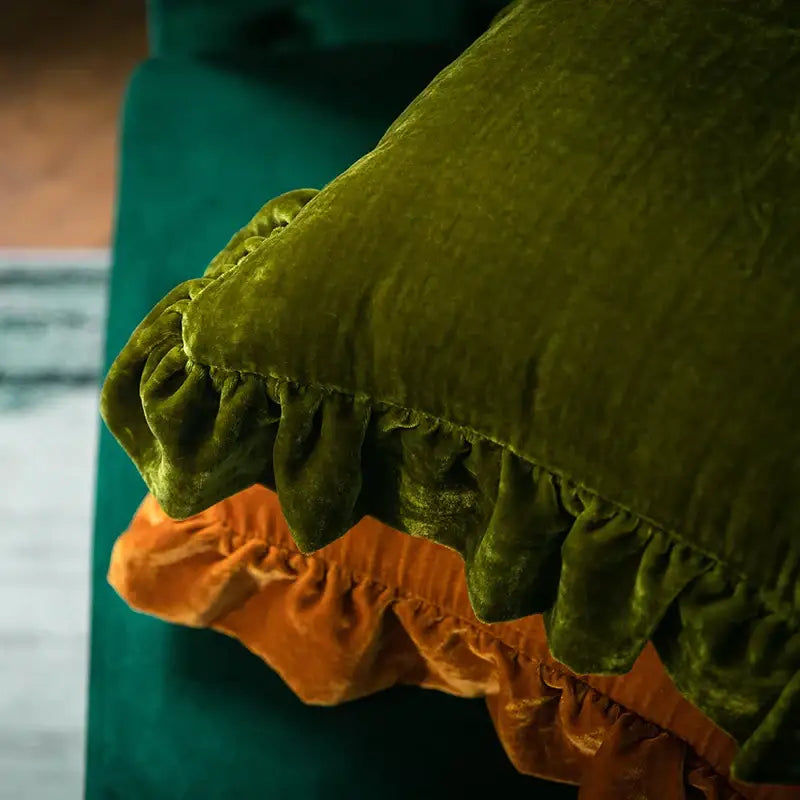 DecorBites™ Luxe Orange Velvet Ruffled Euro Pillow Sham - French Style Elegance