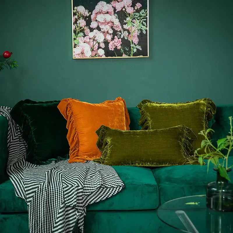 DecorBites™ Luxe Orange Velvet Ruffled Euro Pillow Sham - French Style Elegance