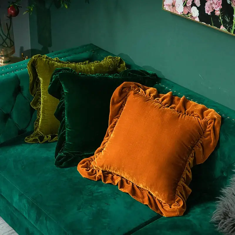 DecorBites™ Luxe Orange Velvet Ruffled Euro Pillow Sham - French Style Elegance