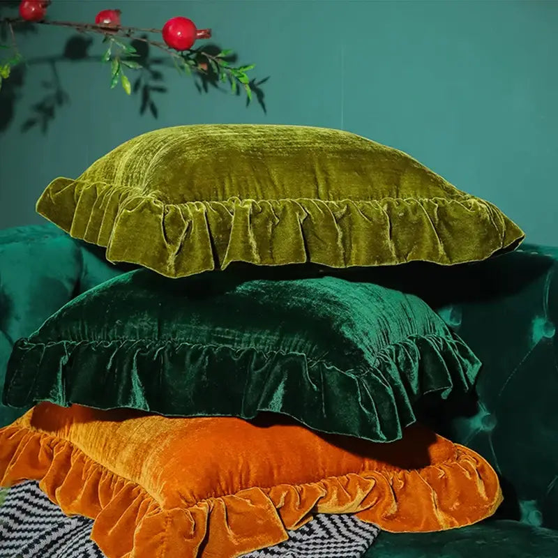 DecorBites™ Luxe Orange Velvet Ruffled Euro Pillow Sham - French Style Elegance