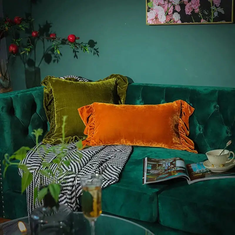 DecorBites™ Luxe Orange Velvet Ruffled Euro Pillow Sham - French Style Elegance