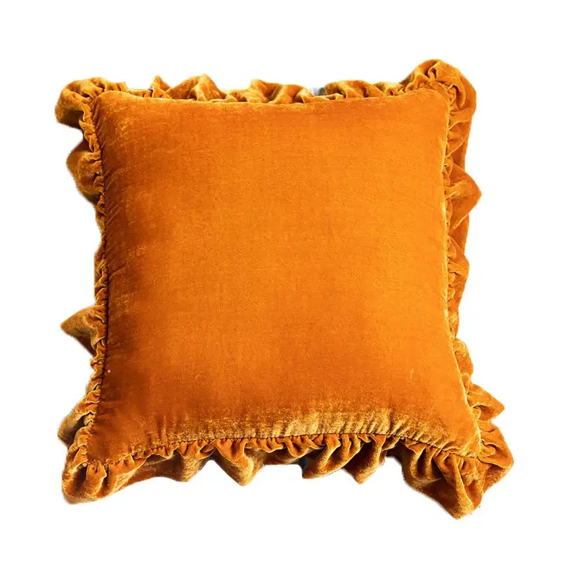 DecorBites™ Luxe Orange Velvet Ruffled Euro Pillow Sham - French Style Elegance