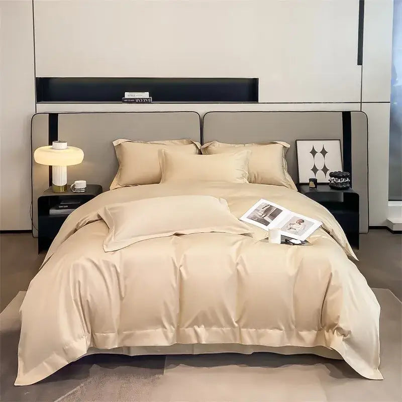 Beige satin duvet cover set with matching pillowcases from decorbites™ luxurious 1000tc egyptian cotton bedding set