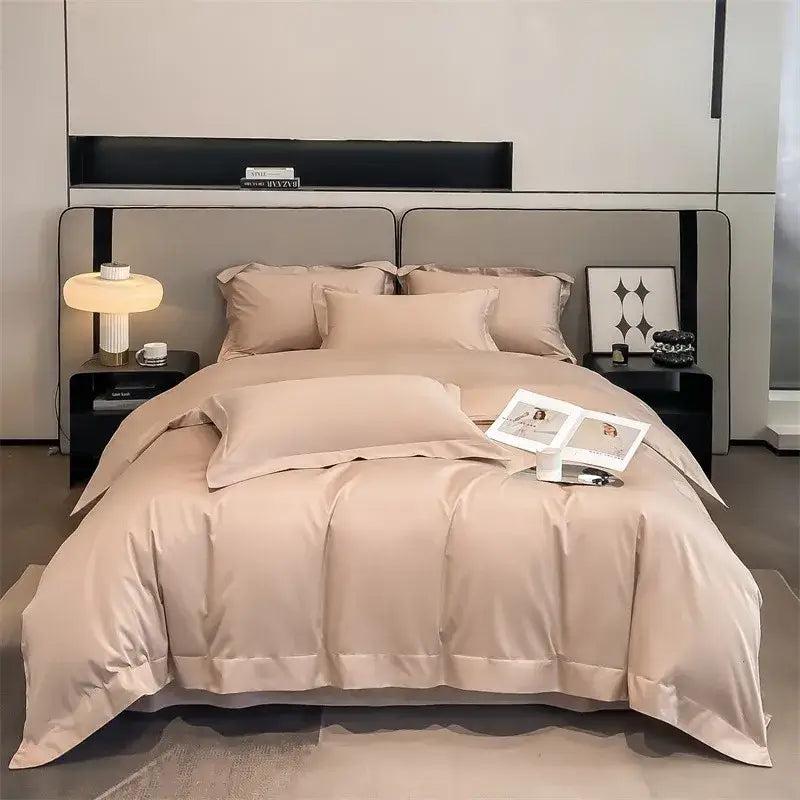 Beige satin DecorBites™ 1000TC Egyptian cotton bedding set with duvet cover fitted sheet and matching pillows