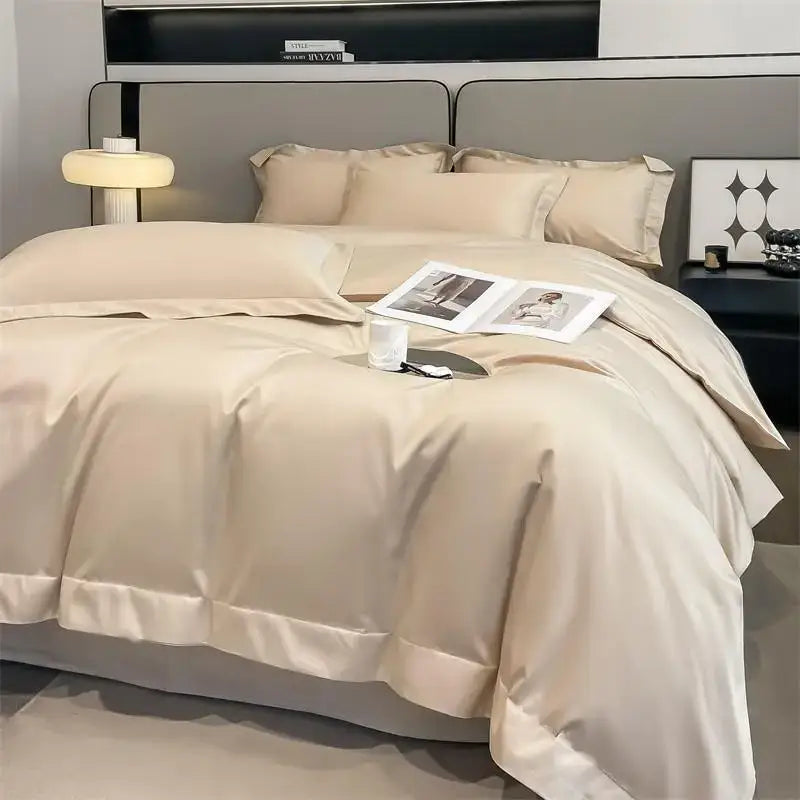 Beige satin duvet cover set with matching pillowcases from DecorBites™ luxurious 1000TC Egyptian cotton bedding set