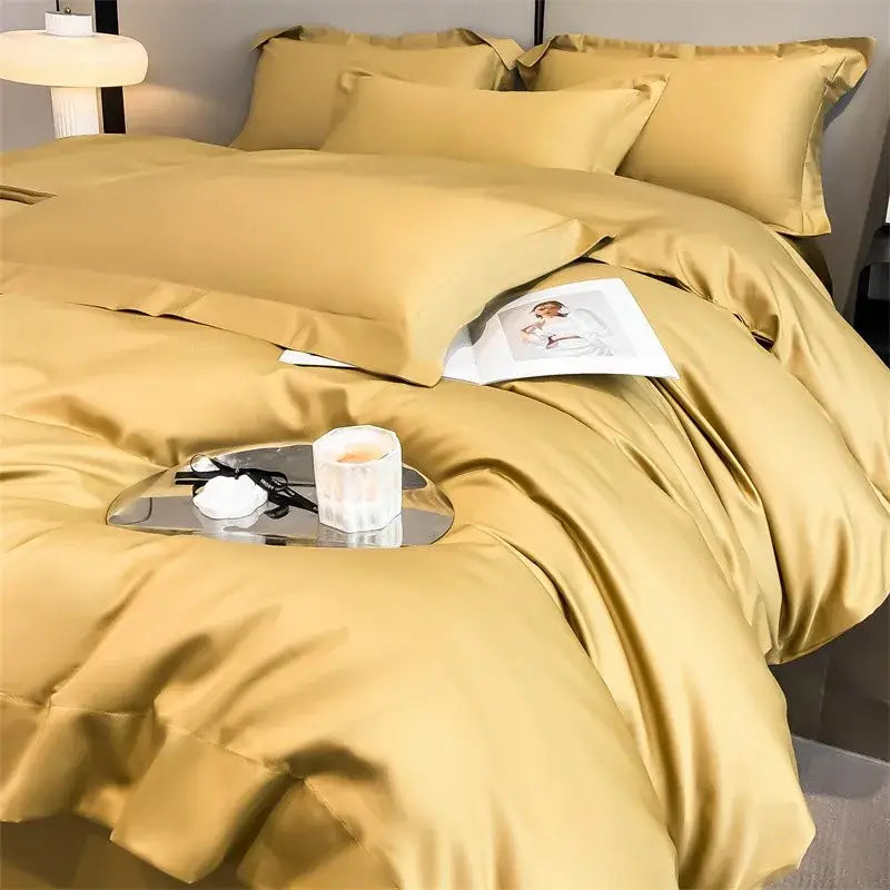 Decorbites™ luxurious 1000tc egyptian cotton golden satin bedding set with duvet cover fitted sheet and matching pillows