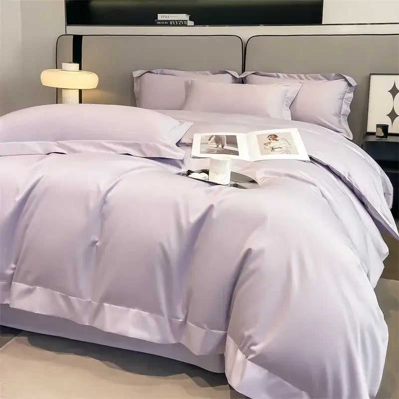 Lavender satin duvet cover and matching pillowcases from DecorBites™ 1000TC Egyptian cotton bedding set with stitched hems