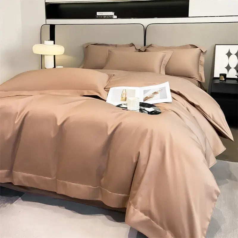 Decorbites™ luxurious 1000tc egyptian cotton duvet cover set in taupe satin with fitted sheet and smooth glossy finish