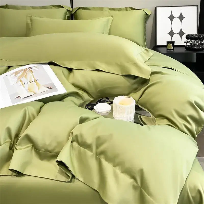 DecorBites™ luxurious 1000TC Egyptian cotton satin green bedding set with smooth duvet cover and fitted sheet pieces