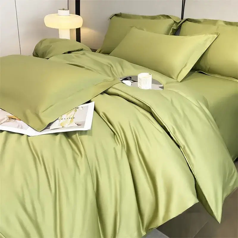 Satin green DecorBites™ luxurious 1000TC Egyptian cotton bedding set with matching duvet cover and fitted sheet