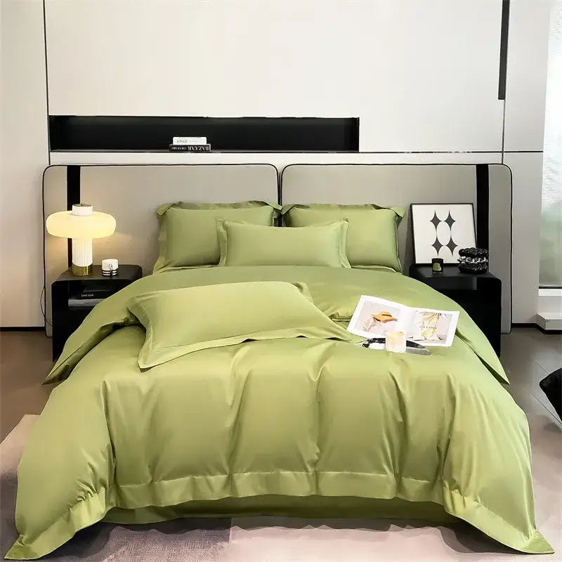 Decorbites™ luxurious 1000tc egyptian cotton satin green four-piece duvet cover set with fitted sheet and elegant piping