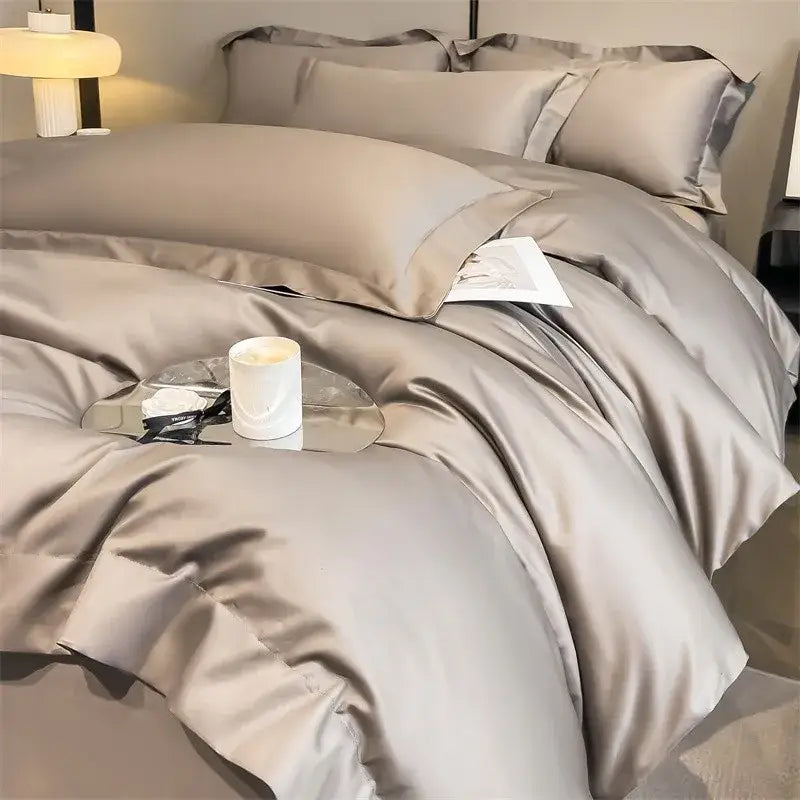 Silk-gray satin duvet cover and fitted sheet set with plush pillows from decorbites luxurious 1000tc egyptian cotton bedding