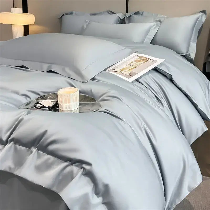 Decorbites™ luxurious 1000tc egyptian cotton duvet cover set in light blue satin with smooth glossy finish and fitted sheet